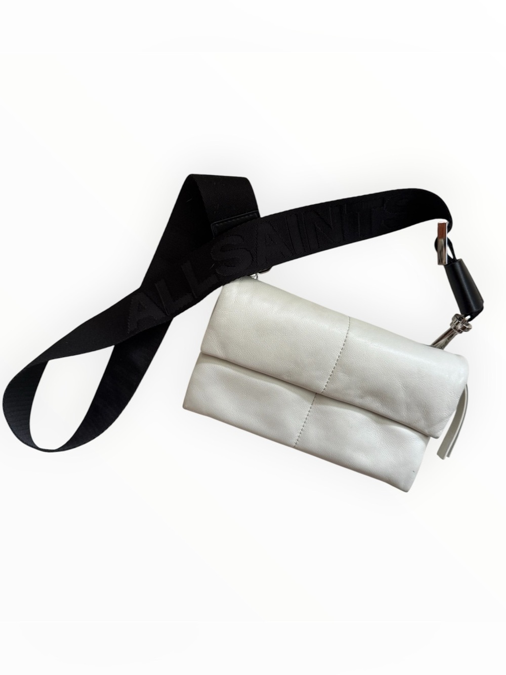 All Saints White Leather Crossbody with Black Logo Strap
